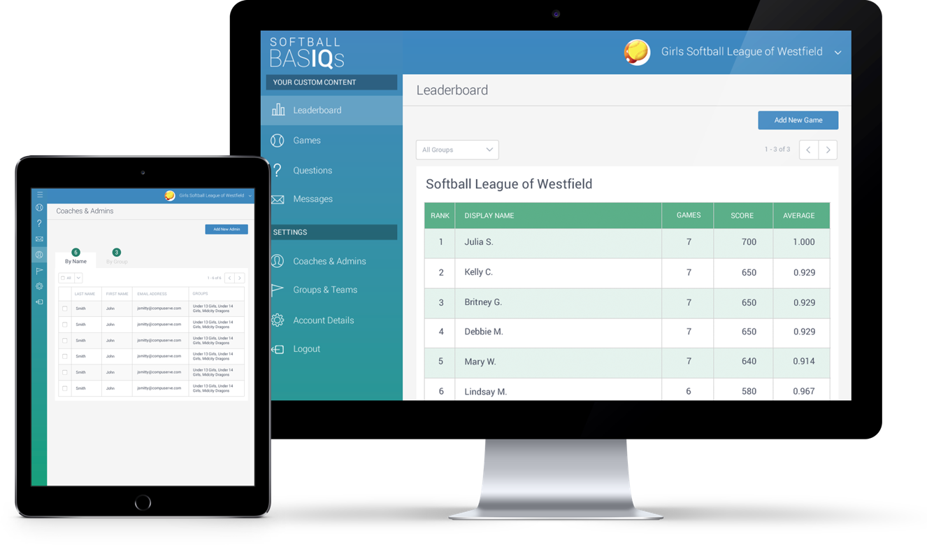 BASIQs Coaches' Console shown on tablet and desktop