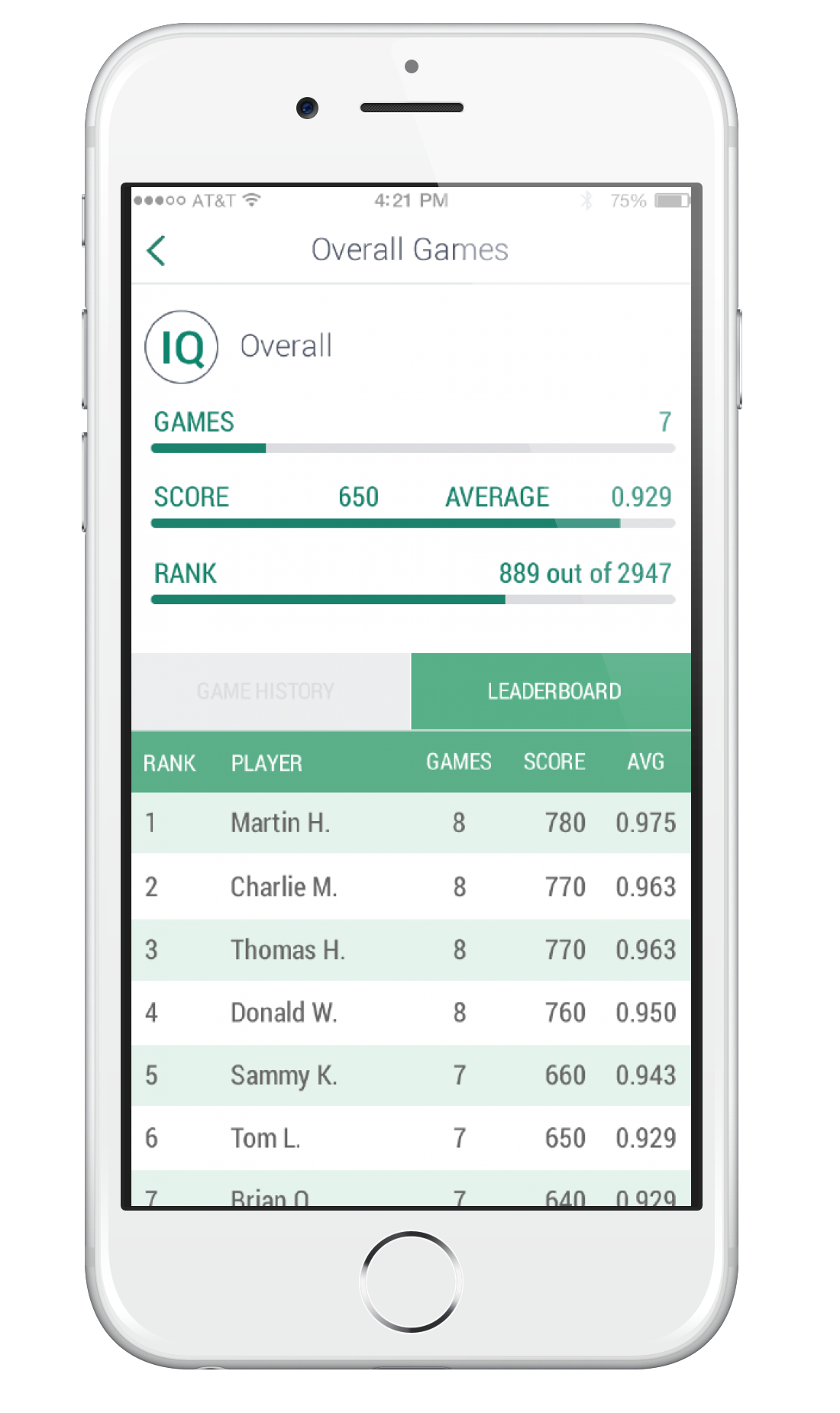 BASIQs app leaderboard screen